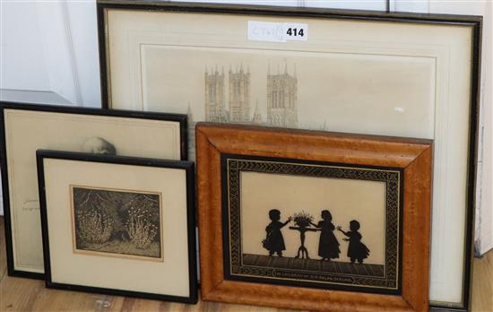 A reverse painted glass silhouette, The Children of Sir Ralph Darling, 18 x 24cm. and three other pictures